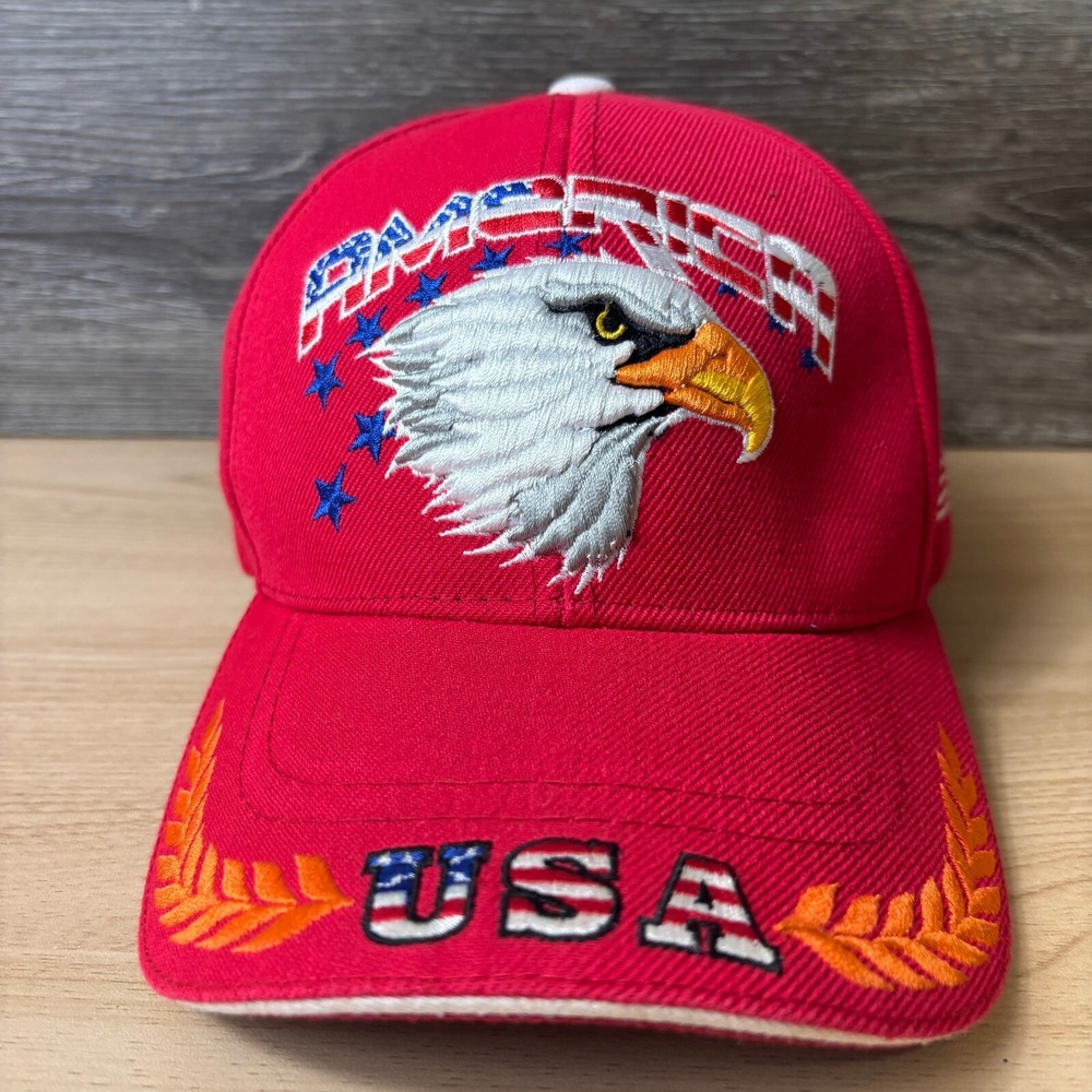 Vintage Eagle Hat Cap Strap Back Red United States USA Patriotic Adjustable - Picture 3 of 9
